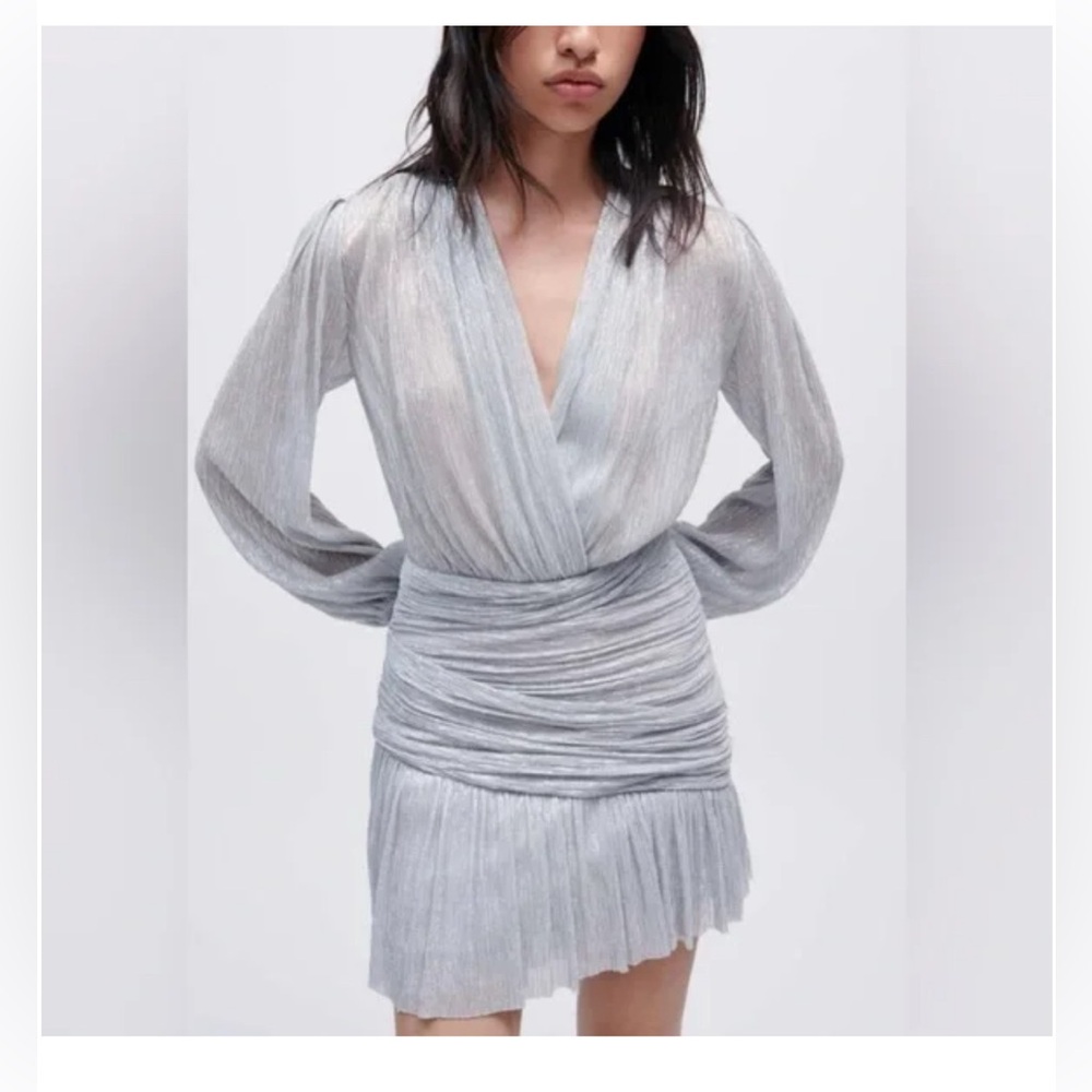 MAJE Silver Shimmer Draped Lurex Mini Dress
